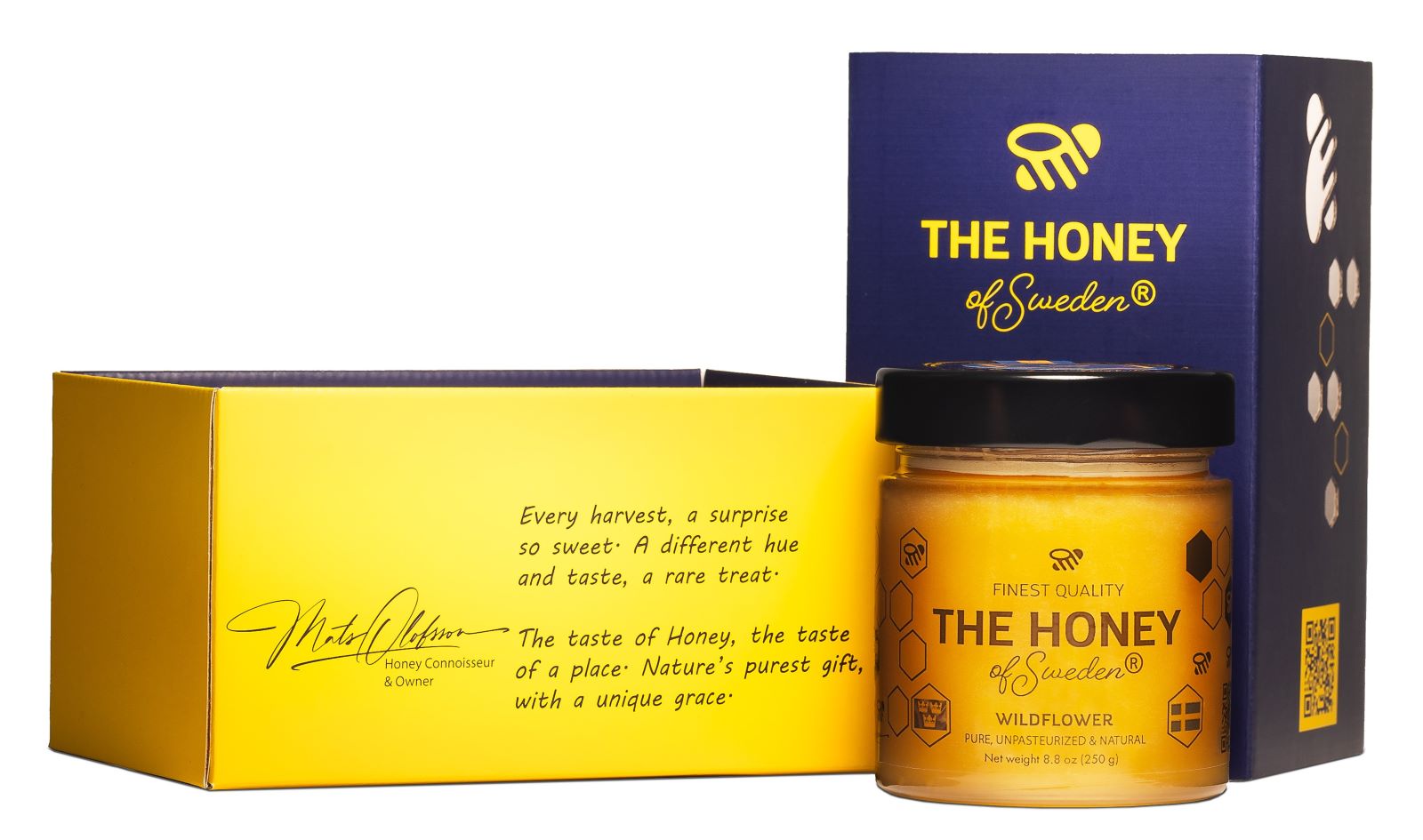 Luxury honey gift box featuring The Honey of Sweden’s raw, unfiltered wildflower honey in an elegant, premium packaging—perfect for corporate gifting and high-end retail.